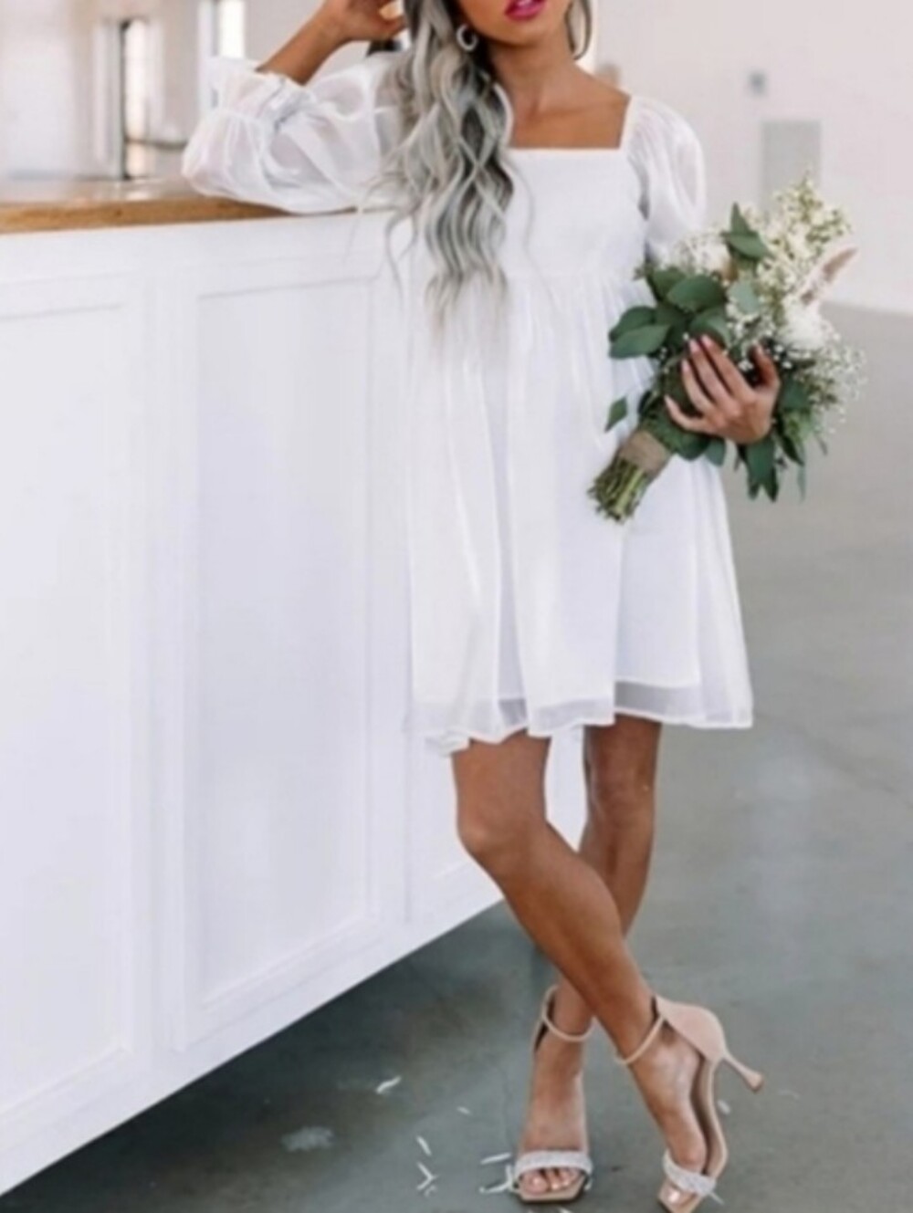 Elegant Iderscent White Square-Neck Midi Dress with Sheer Sleeves